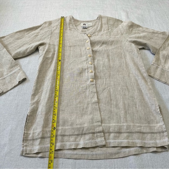 Flax S Womens Button Front Tan 100% Linen Lagenlook Neutral Petite Women’s Shirt - Picture 4 of 7